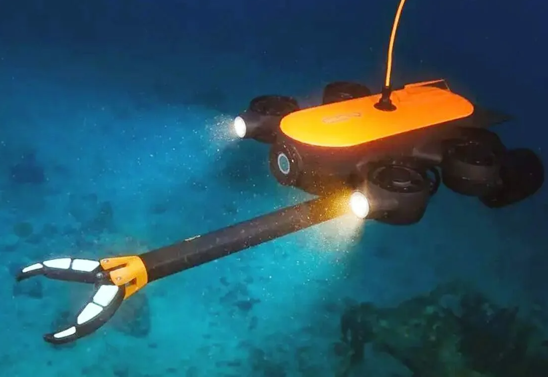 Underwater drone observing reef formations near the French coast